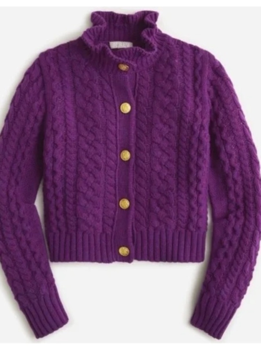 J Crew Wool Blend Cable-Knit Ruffleneck Cardigan Sweater Medium Purple Preppy